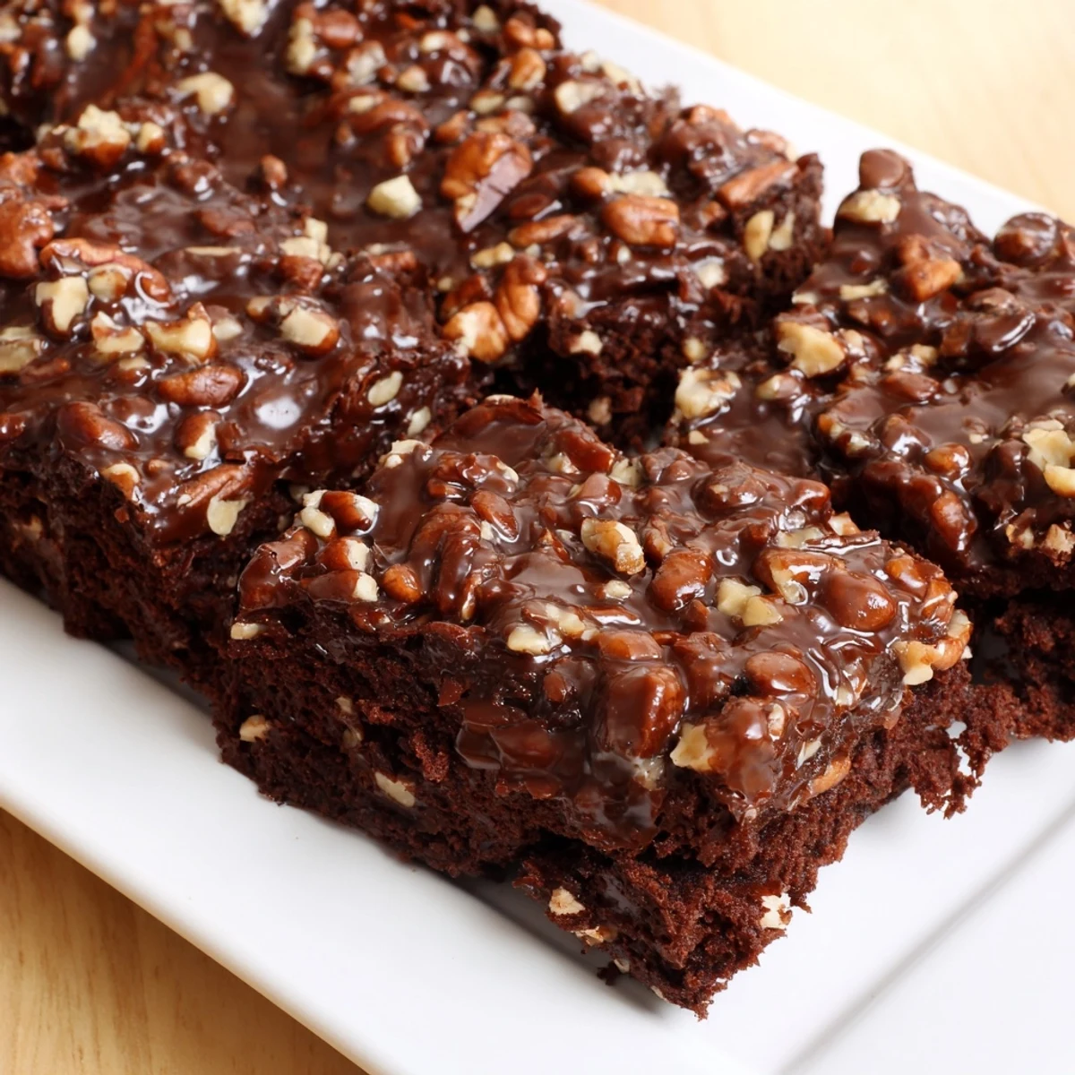 Fudgy New Orleans Praline Brownies with a glossy, nutty topping, cut into neat squares ready to serve.