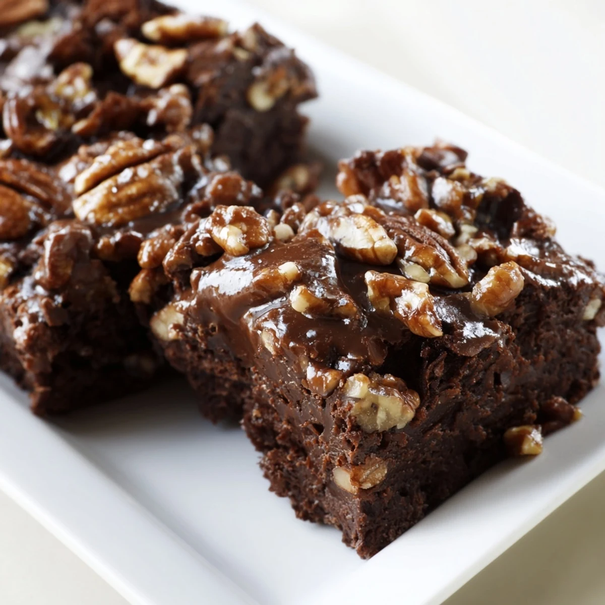 A close-up of a rich New Orleans Praline Brownie slice showcasing gooey chocolate and toasted pecan pieces.