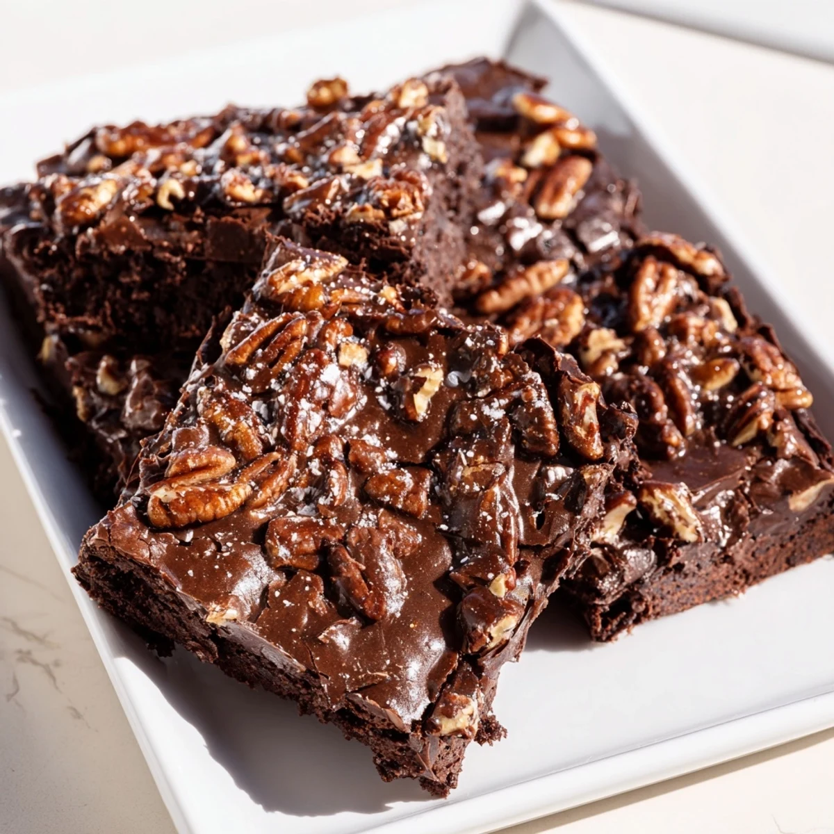New Orleans Praline Brownies plated with powdered sugar dusting, perfect for a cozy Southern-inspired dessert.