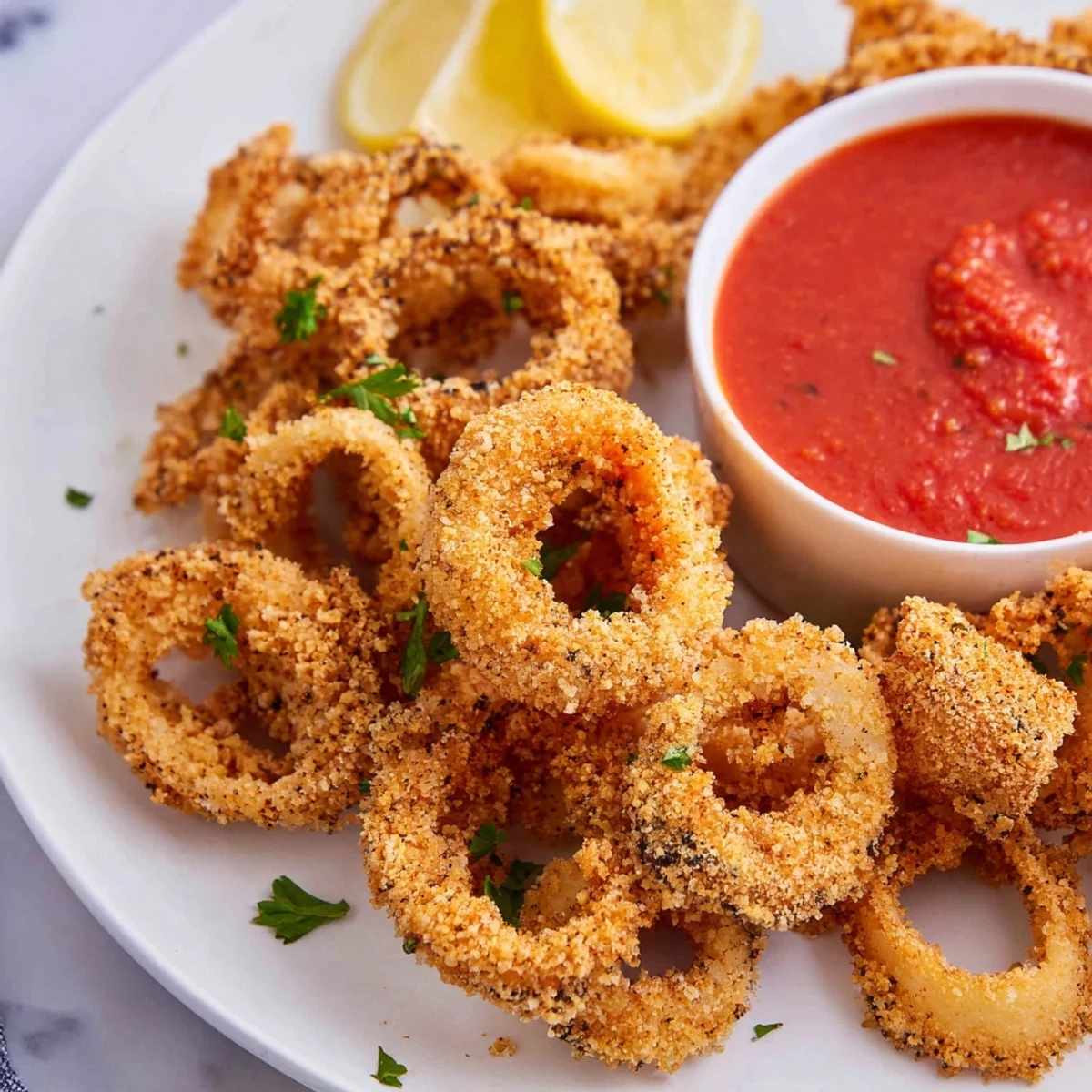 Golden-crispy Big Game Crispy Calamari rings coated in seasoned breading, served with warm marinara and lemon wedges.