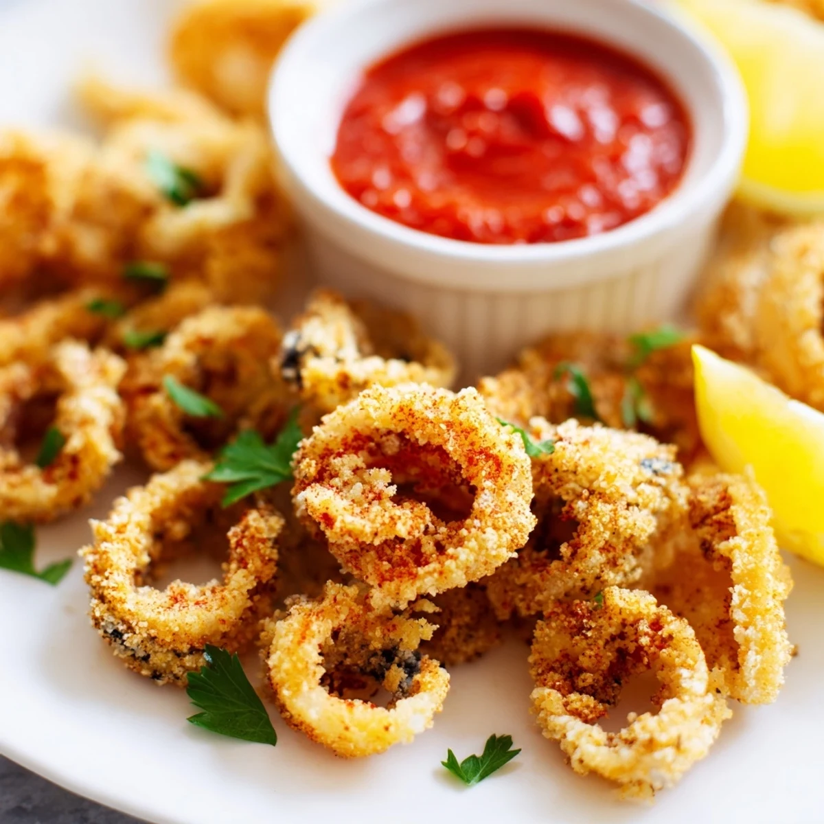 Golden-brown Big Game Crispy Calamari piled on a platter beside a bowl of zesty marinara for dipping.