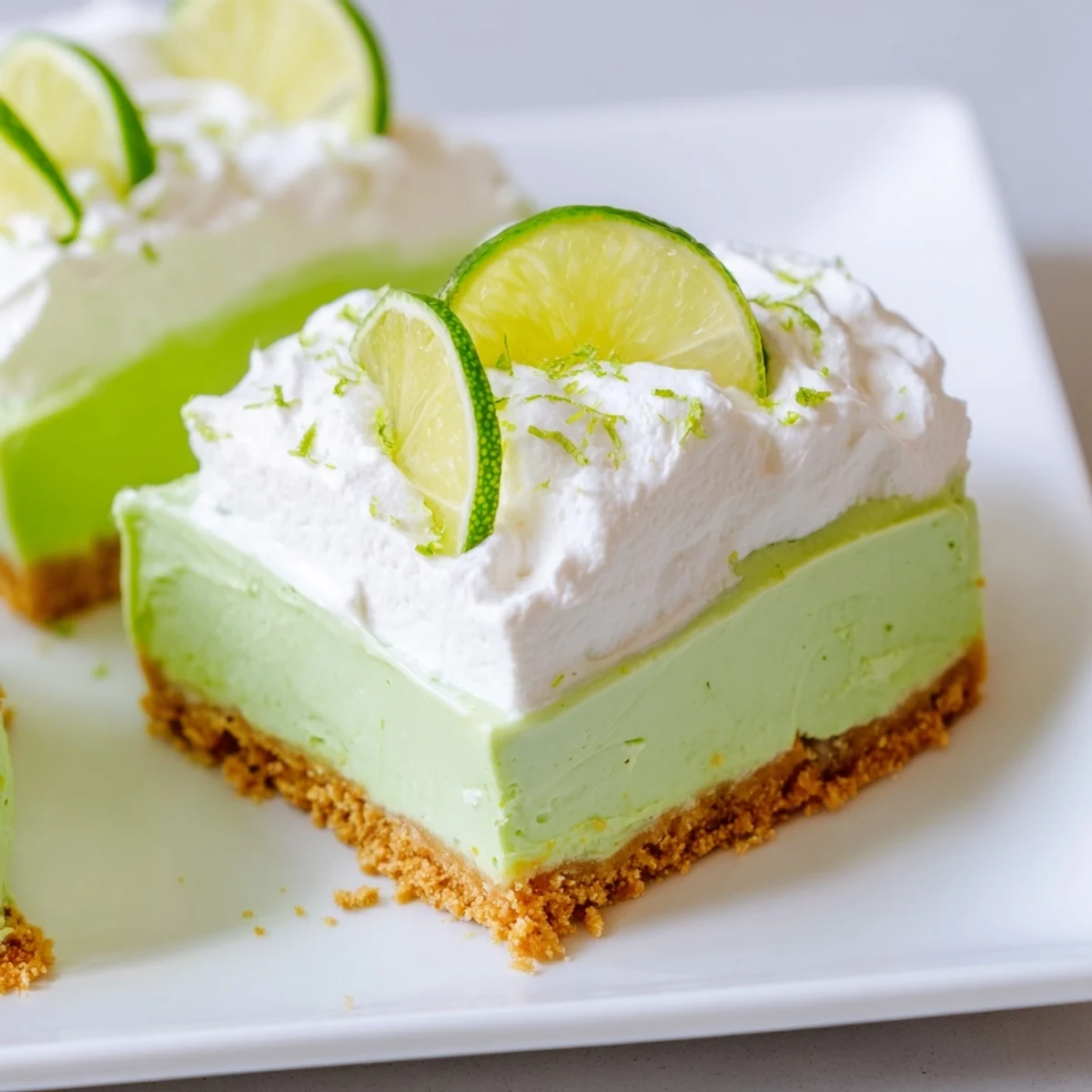 Bright green St. Patrick's Day Key Lime Pie Bars with a creamy lime filling sit on a white marble surface, garnished with fresh zest.  