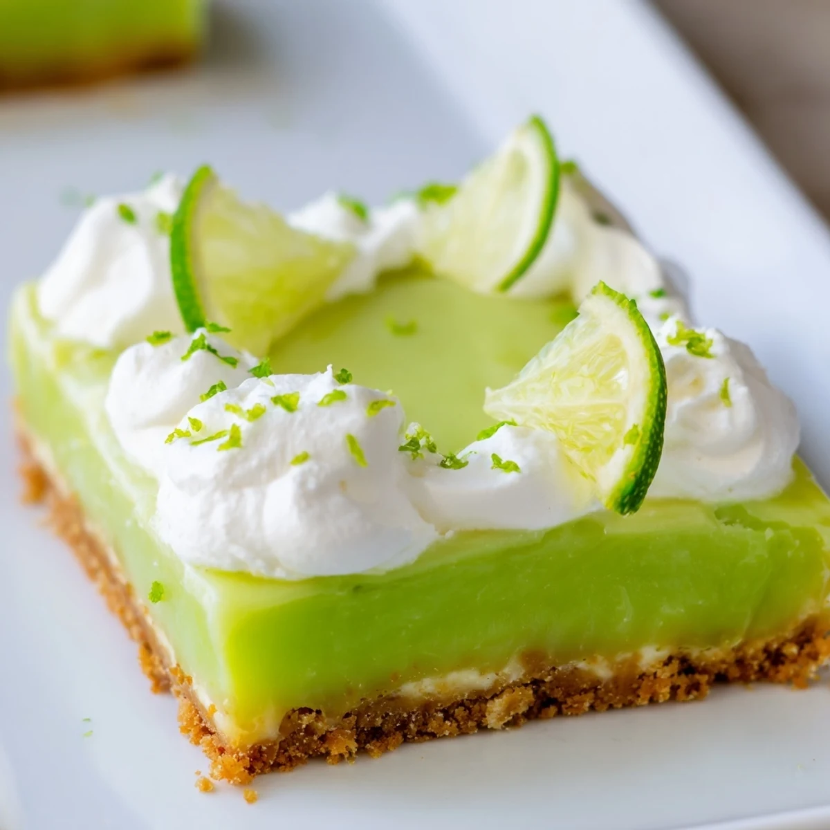 A close-up of chilled St. Patrick's Day Key Lime Pie Bars reveals the buttery graham cracker crust and fluffy whipped cream topping.  