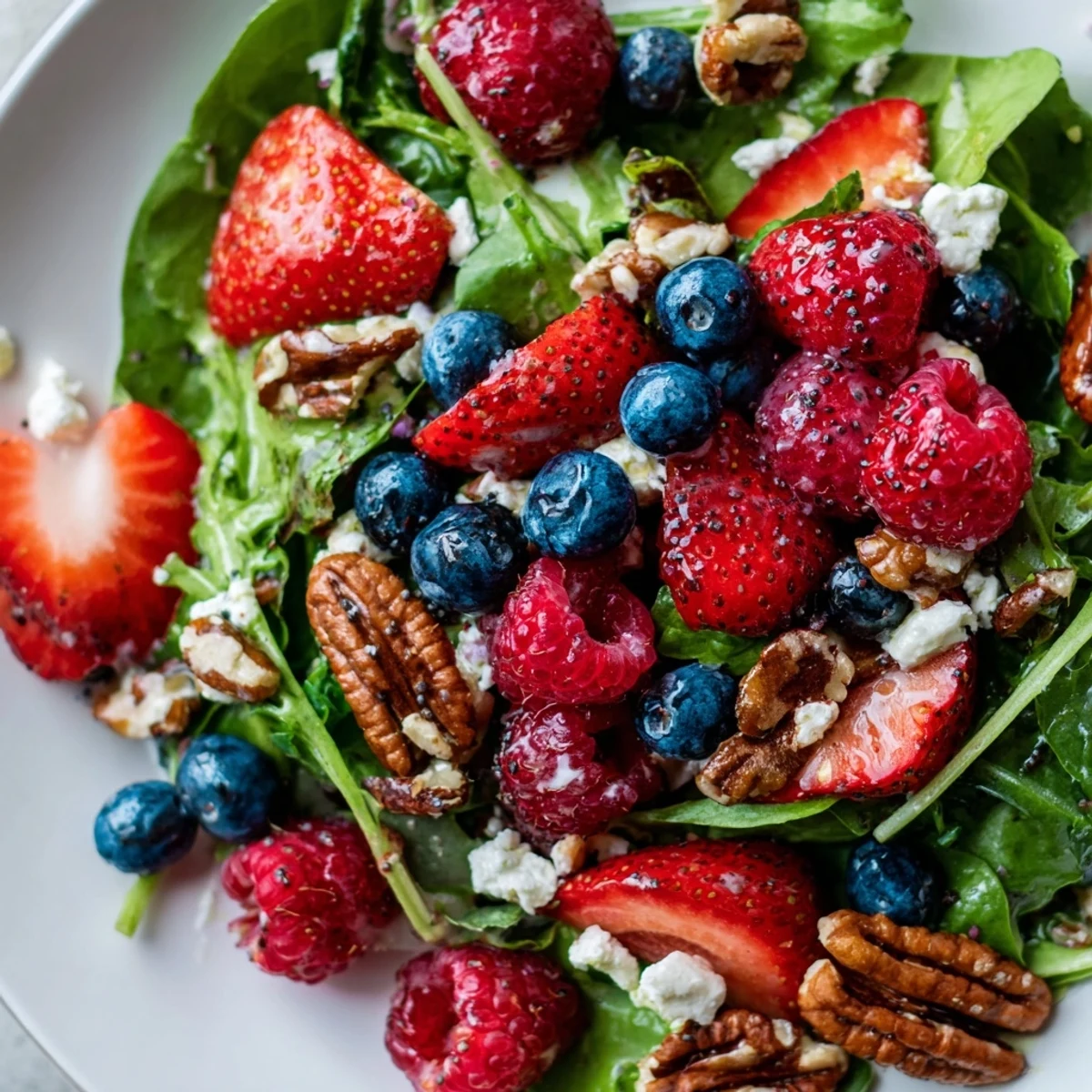 A vibrant Sweetheart Berry Salad with Poppy Seed dressing over crisp greens, topped with crumbled feta and candied pecans.