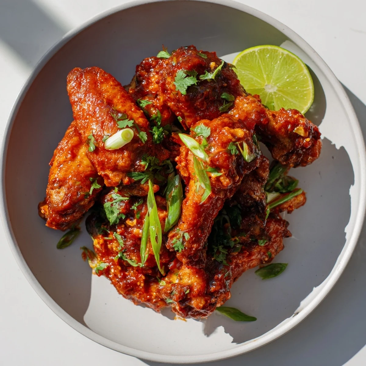 Golden, crispy Super Bowl Spicy Sriracha Wings glistening with a bold orange glaze and topped with fresh cilantro and green onions.