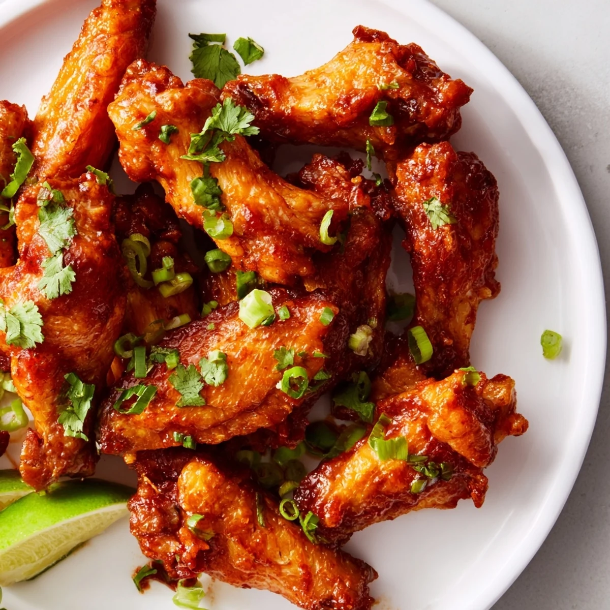 A close-up of juicy, oven-baked Super Bowl Spicy Sriracha Wings tossed in a sticky honey-Sriracha sauce, served with lime wedges.