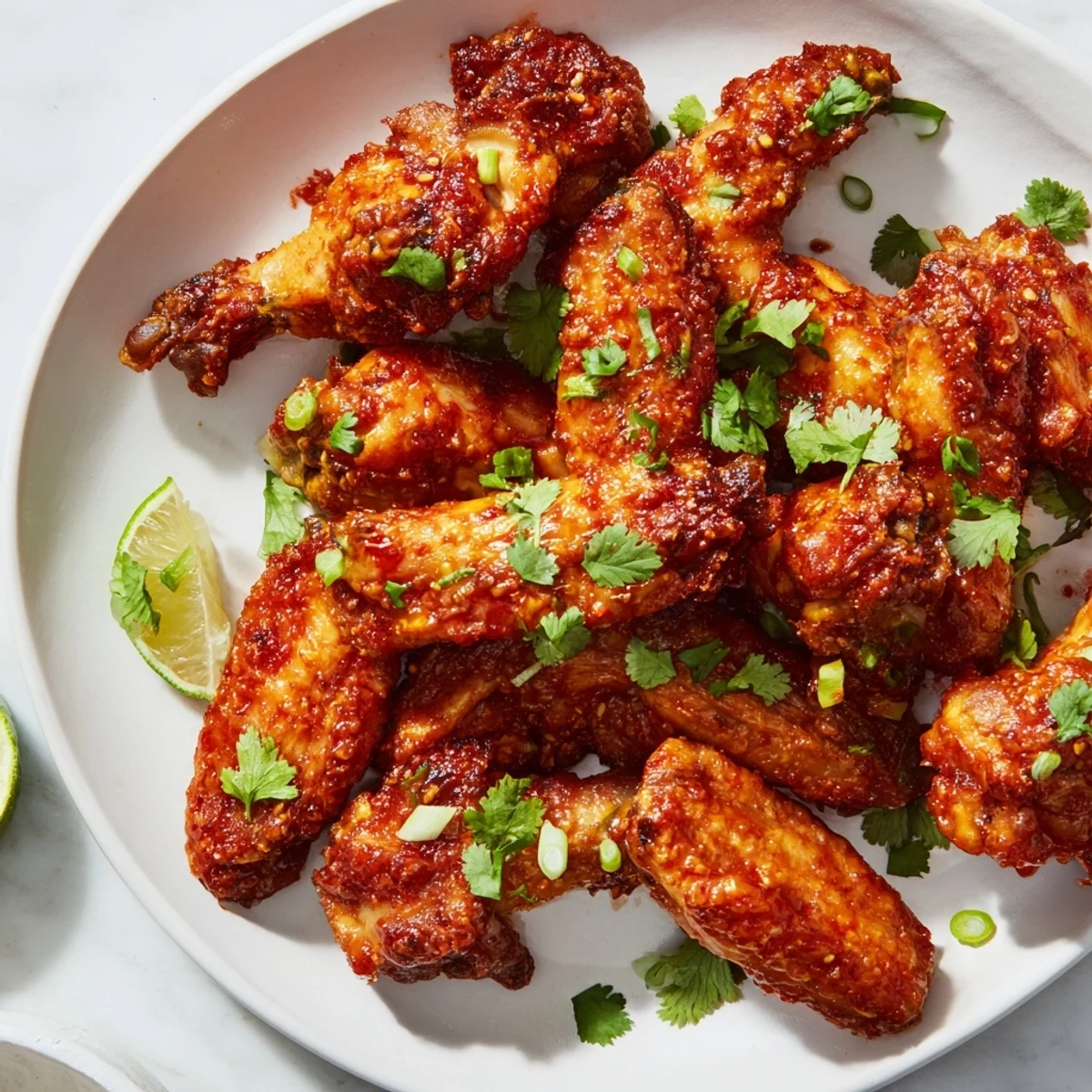 Savory Super Bowl Spicy Sriracha Wings arranged on a platter, garnished with cilantro and green onions for a perfect game-day snack.