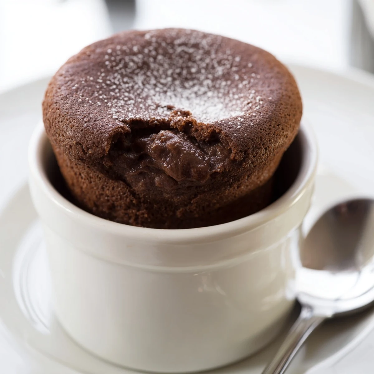 Romantic Chocolate Soufflé with a gooey molten center, plated beside fresh raspberries for a sweet-tart contrast.