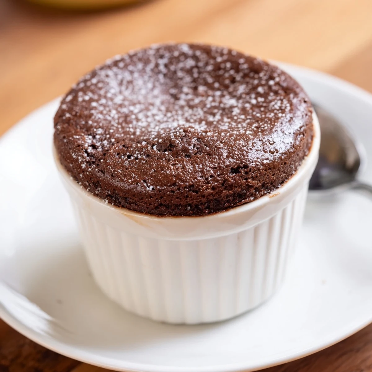 Newly baked Romantic Chocolate Soufflé in a buttered ramekin, its delicate top set while the inside remains molten.