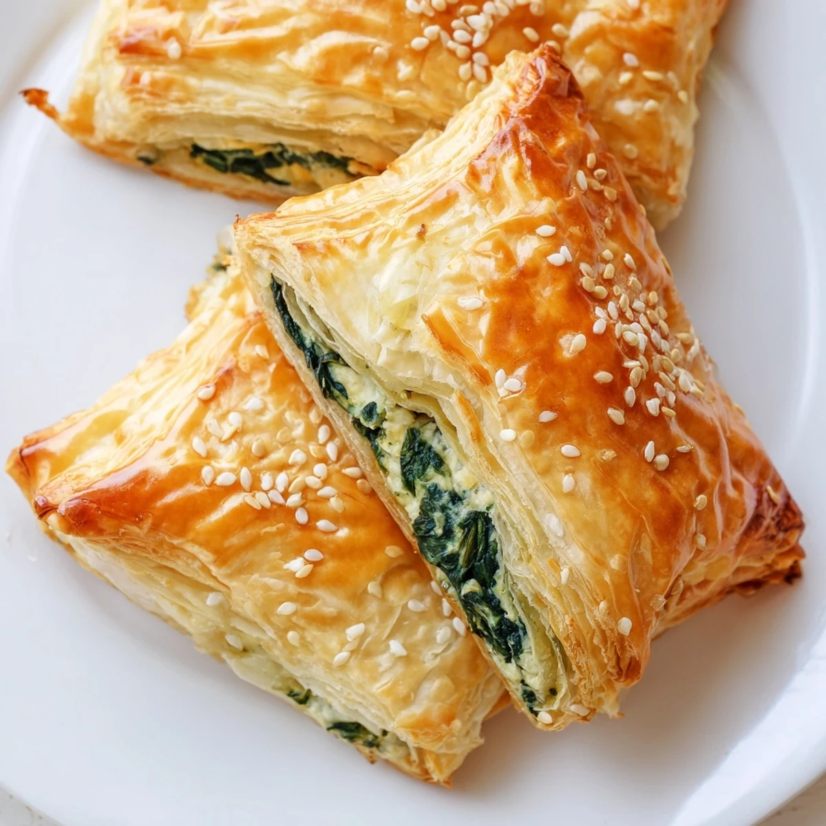 A close-up of a golden, flaky Green Spinach and Feta Puff Pastry, freshly baked and filled with creamy greens and crumbled cheese.