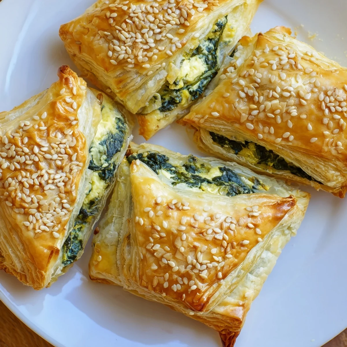 A top-down view of baked Green Spinach and Feta Puff Pastry on a rustic plate, garnished with fresh dill and sesame seeds.