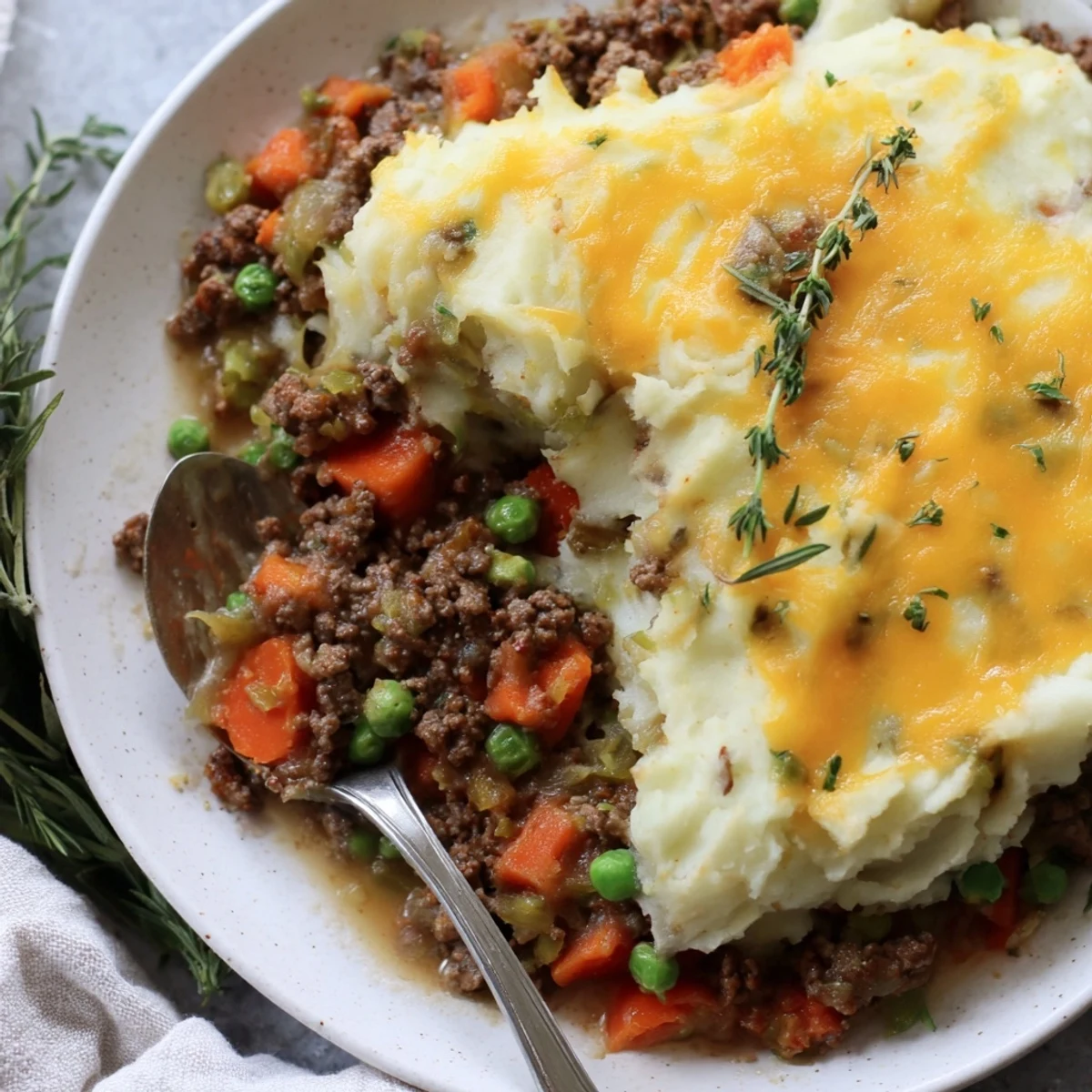 Golden mashed potatoes crown a bubbling Shepherd's Pie with savory lamb filling in a ceramic baking dish.  