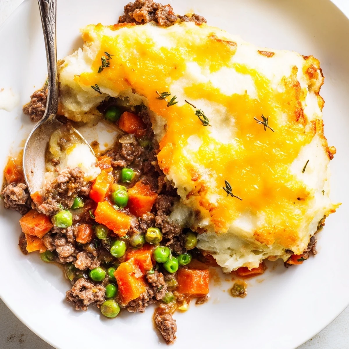 Hearty Shepherd's Pie with Savory Lamb and Vegetables is served with a fresh garden salad for a complete dinner.  