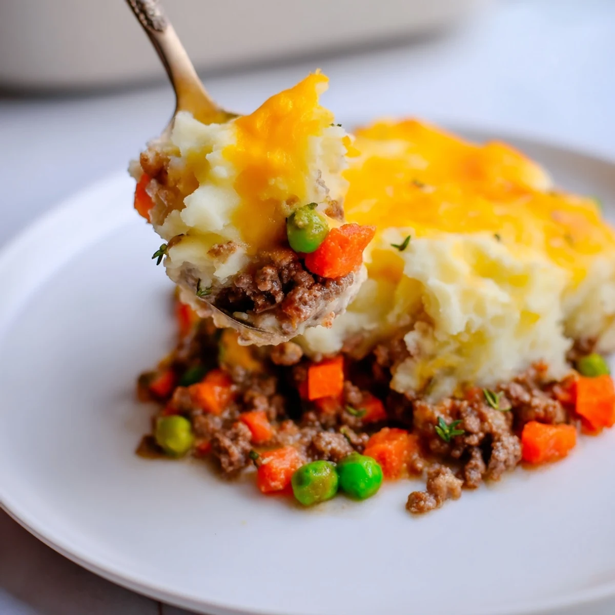 Close-up of creamy mashed potato topping on Shepherd's Pie with Savory Lamb, garnished with fresh thyme and rosemary.