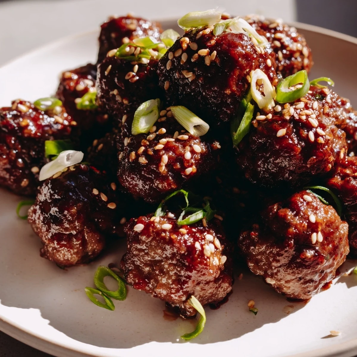 Golden-brown Spicy Sriracha Beef Meatballs with Sesame rest on a platter, garnished with fresh green onions and sesame seeds for a flavorful appetizer.
