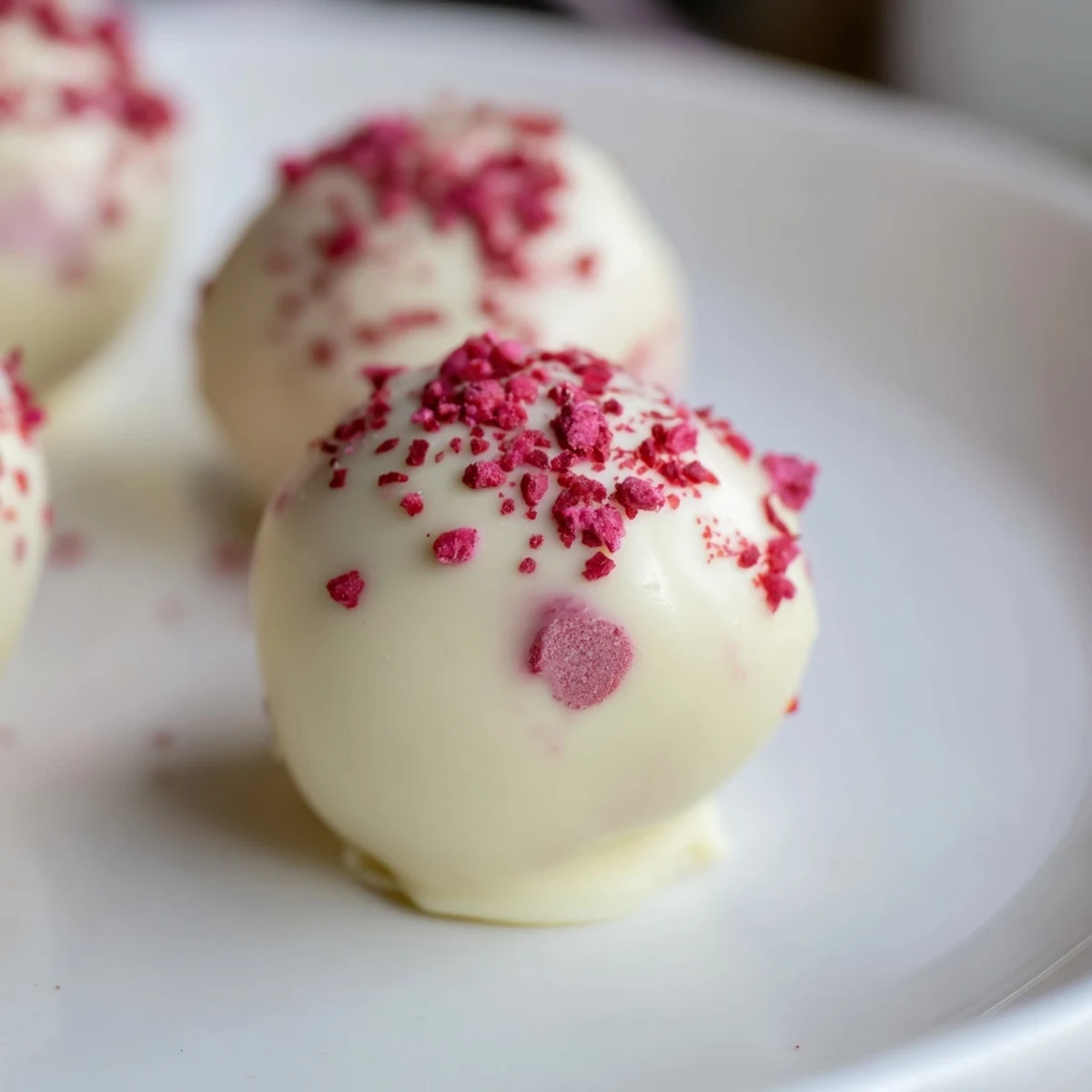 Glossy white chocolate raspberry truffles, garnished with crushed freeze-dried raspberries, served on a decorative platter.