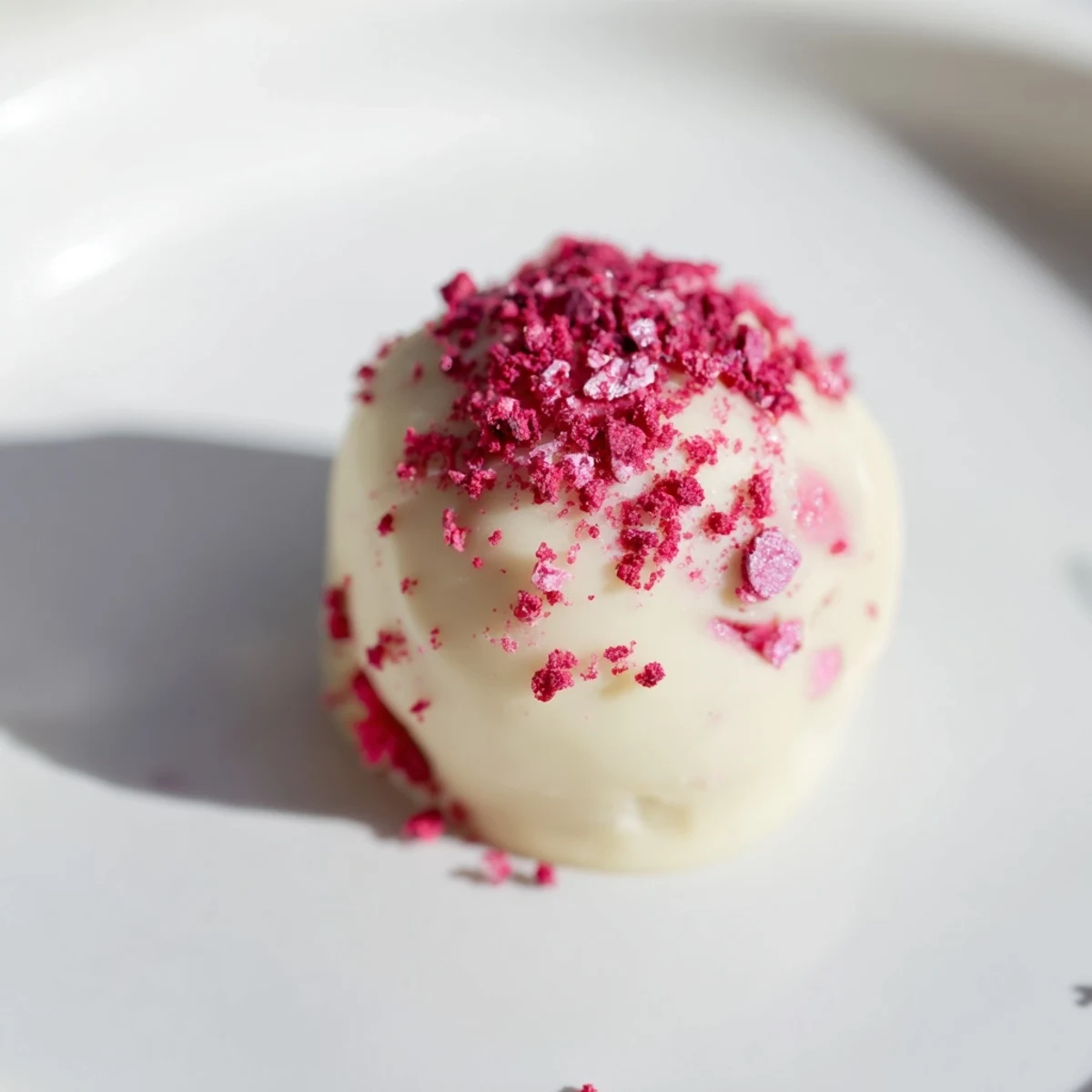 Delicious white chocolate raspberry truffles coated in smooth chocolate, with a bright raspberry swirl.