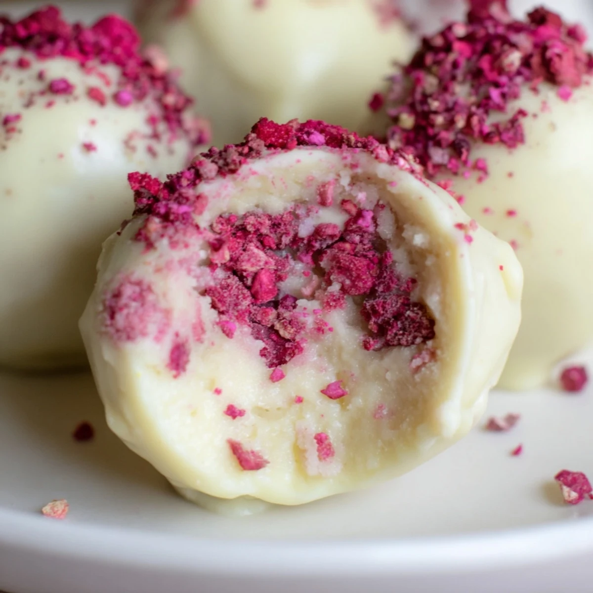 Sweet and tangy white chocolate raspberry truffles, ready for gifting on a rustic wooden board.