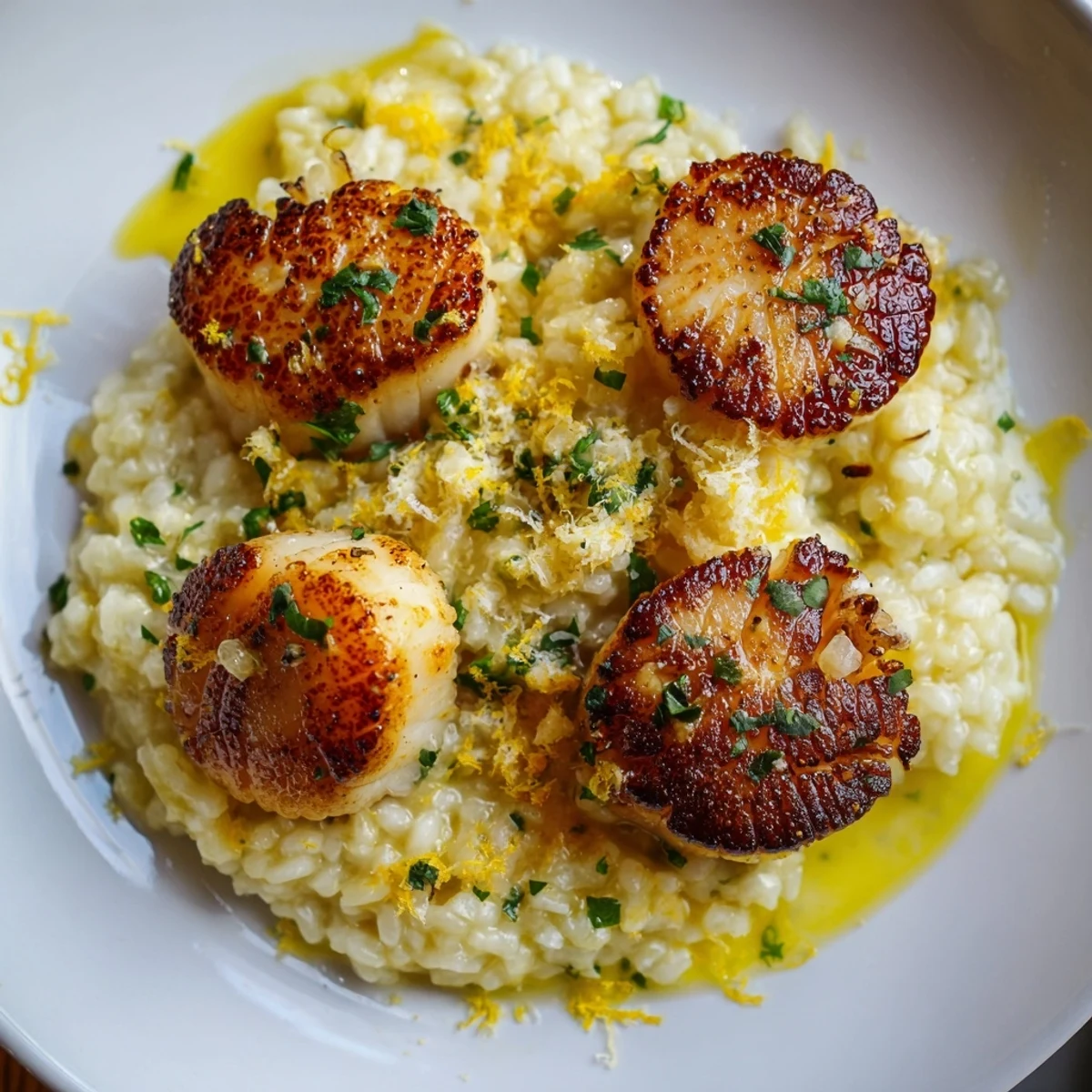 Golden-brown seared scallops resting on creamy lemon butter risotto garnished with fresh parsley.