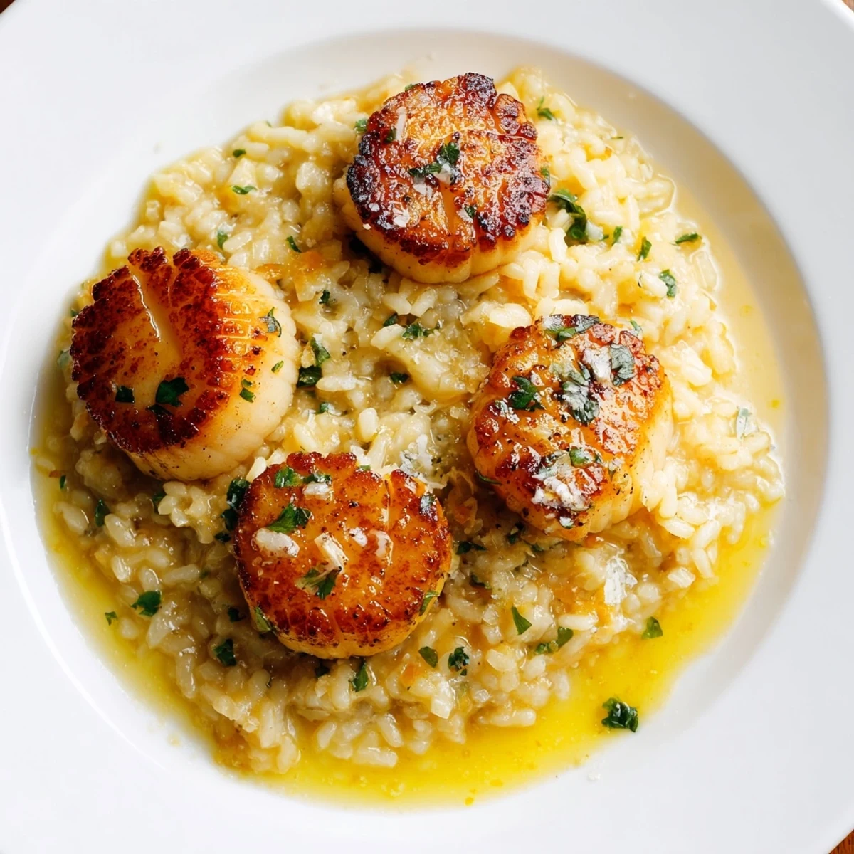 Spoonful of silky risotto with scallops, lemon zest, and herbs ready to serve.