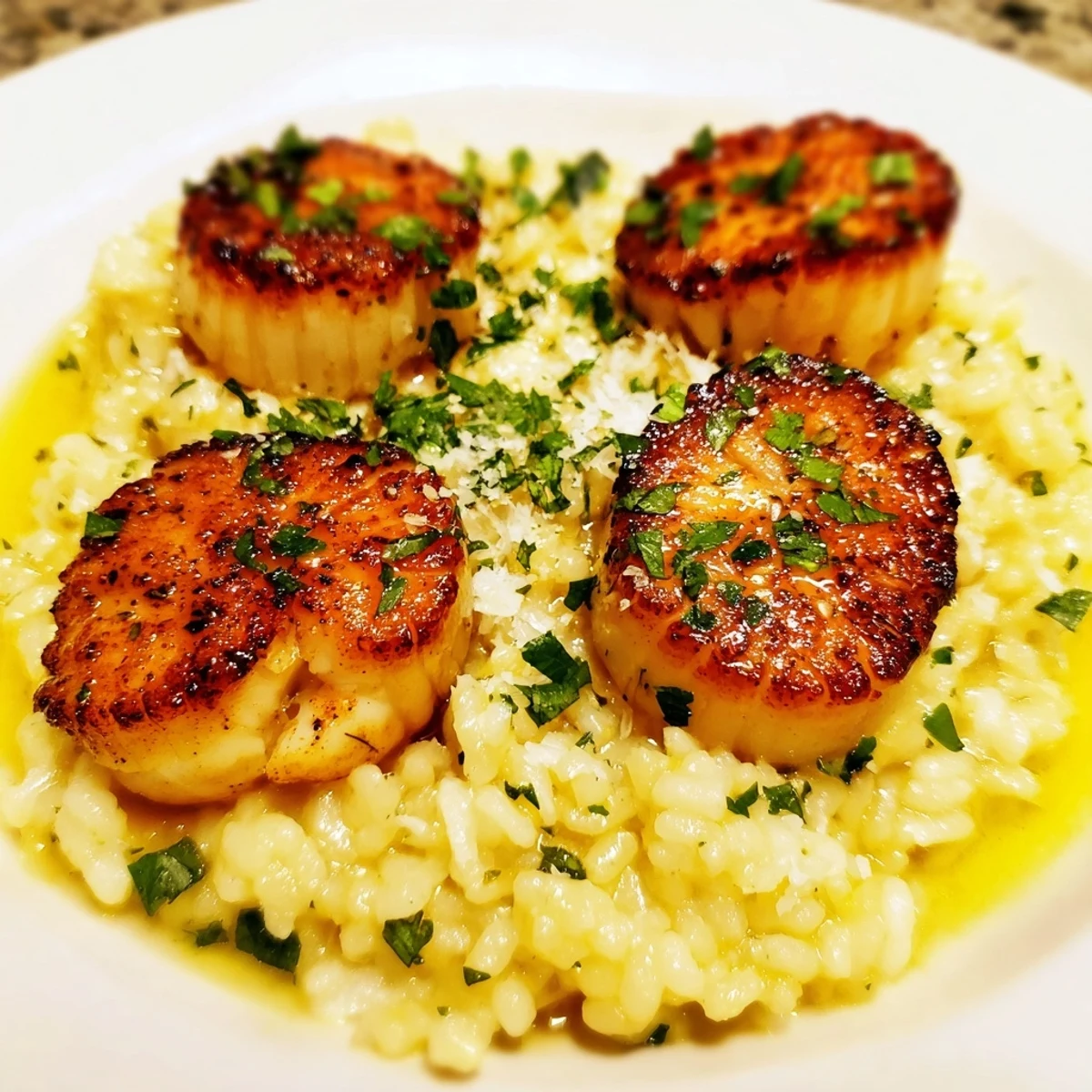 A close-up of perfectly cooked scallops atop lemony risotto, ideal for a pescatarian dinner.