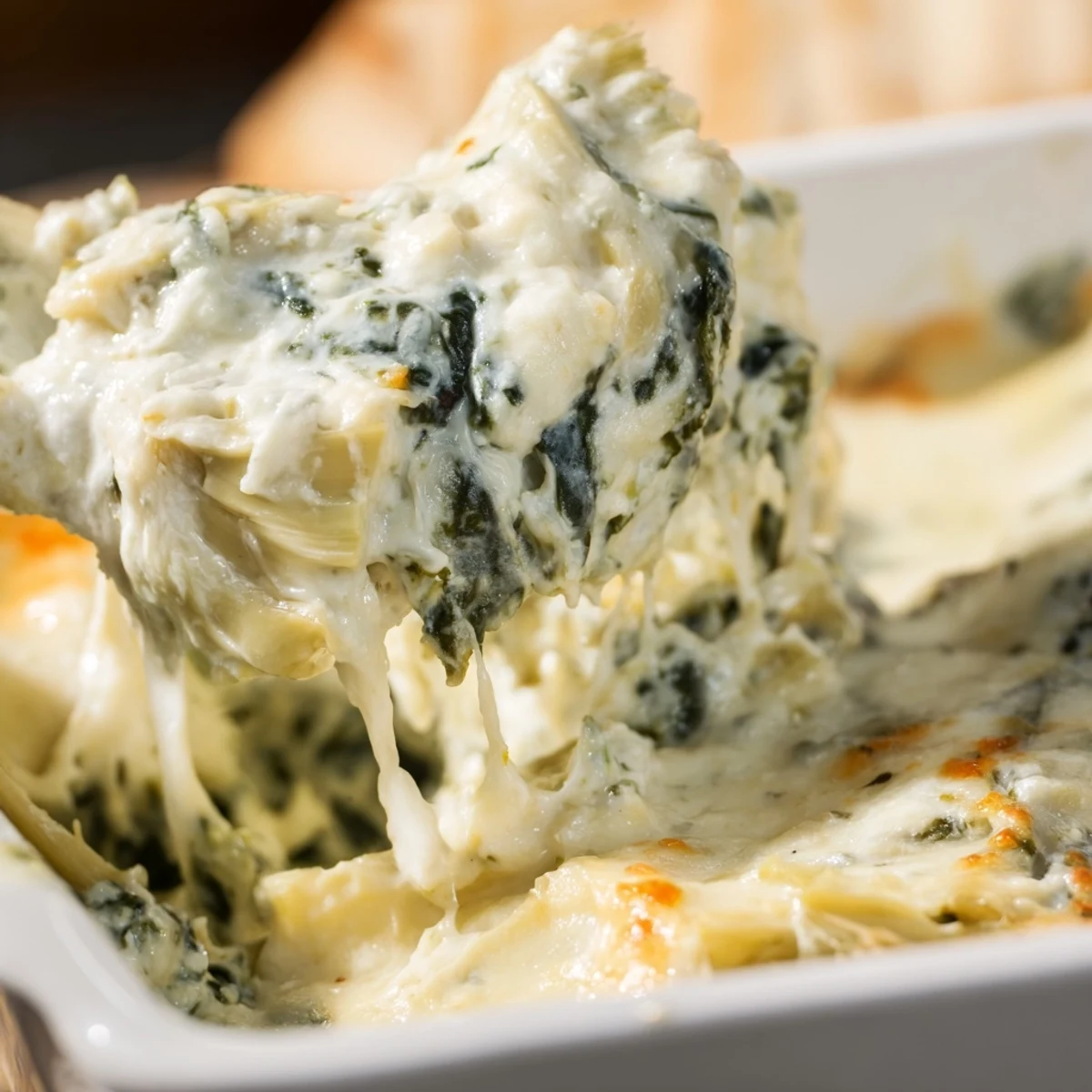 Creamy Spinach and Artichoke Dip with Baguette served for a party with toasted slices ready for dipping.