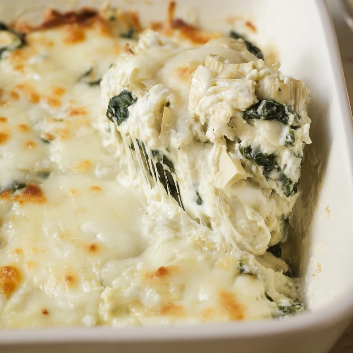 Close-up of Creamy Spinach and Artichoke Dip with Baguette showing a rich, cheesy texture and veggies.