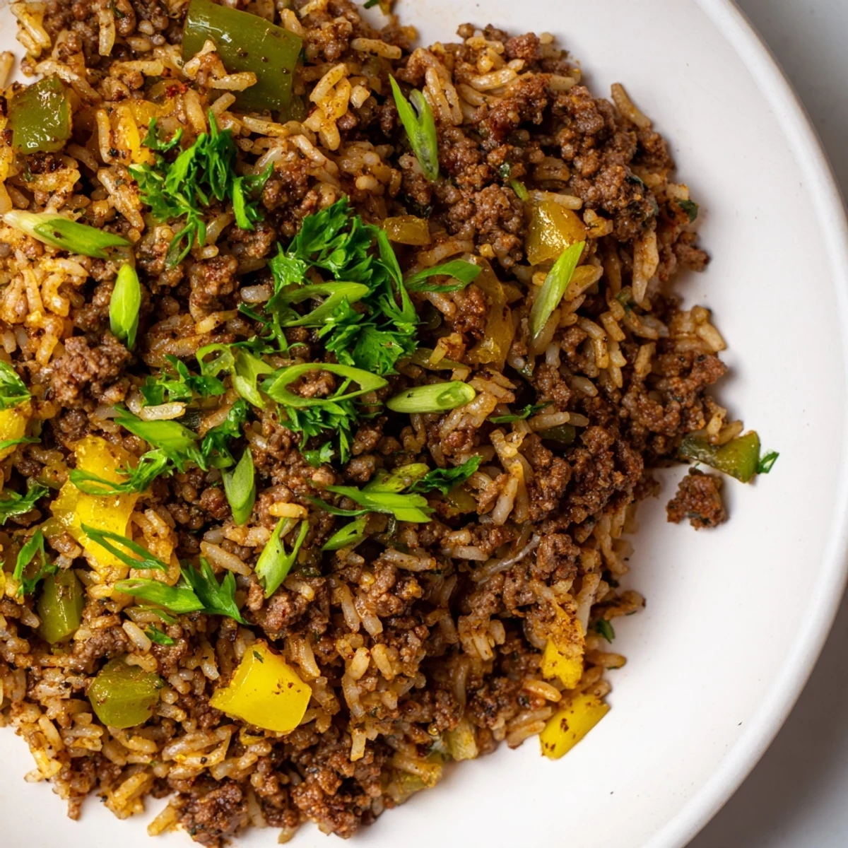 A hearty skillet of Cajun dirty rice with ground beef, featuring tender grains, aromatic vegetables, and fresh parsley garnish.