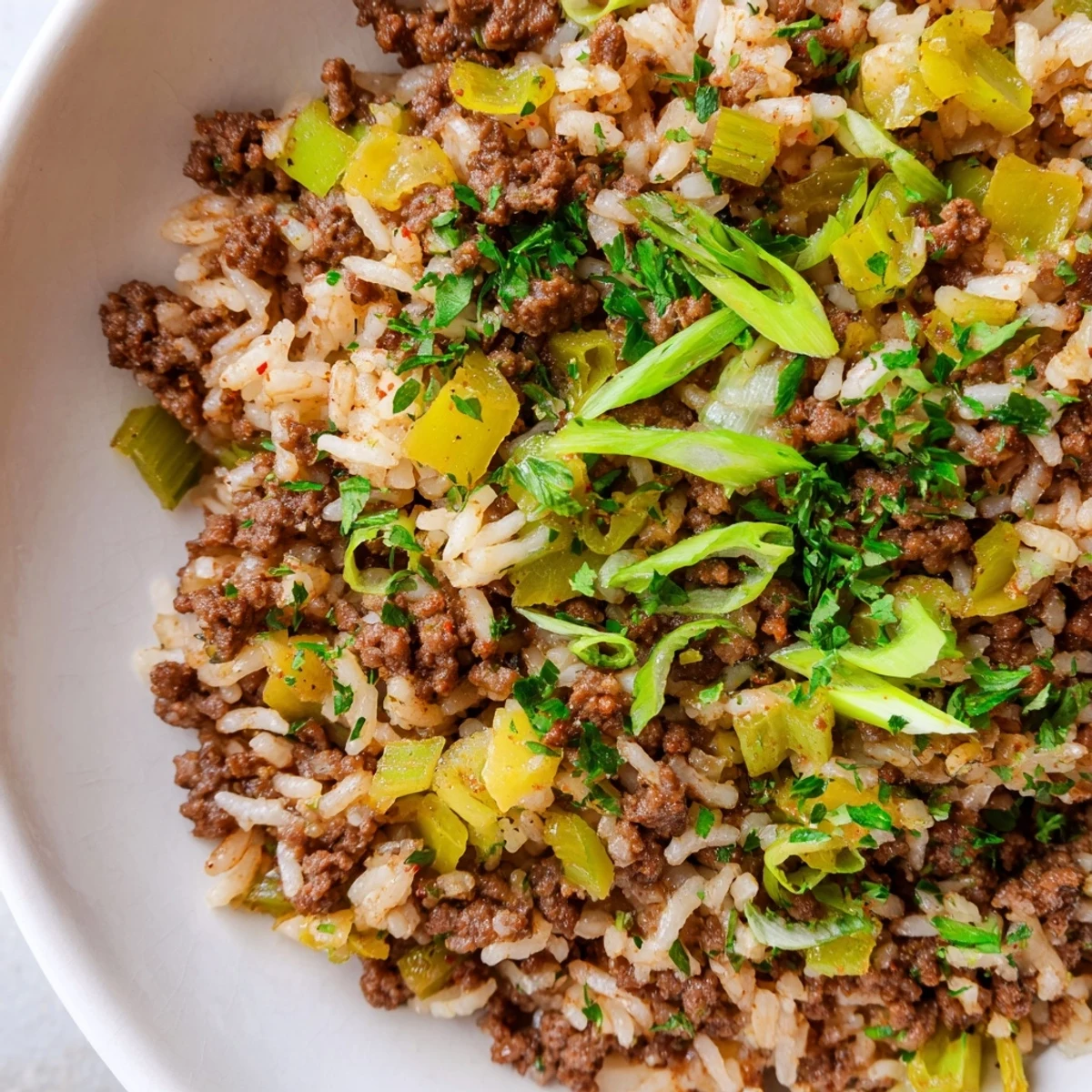 Spicy Cajun dirty rice with savory ground beef, colorful bell peppers, and onions, served hot from a cast-iron skillet.