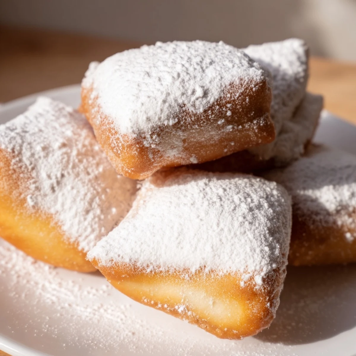 Golden New Orleans Style Beignets, pillowy and light, dusted heavily with powdered sugar on a rustic board.