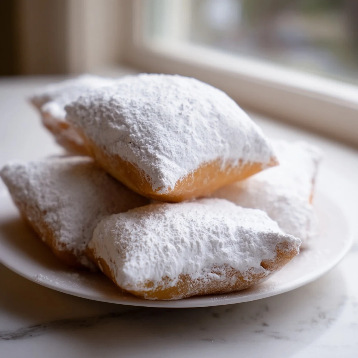 Close-up of New Orleans Style Beignets with powdered sugar melting slightly, ready to be enjoyed with café au lait.