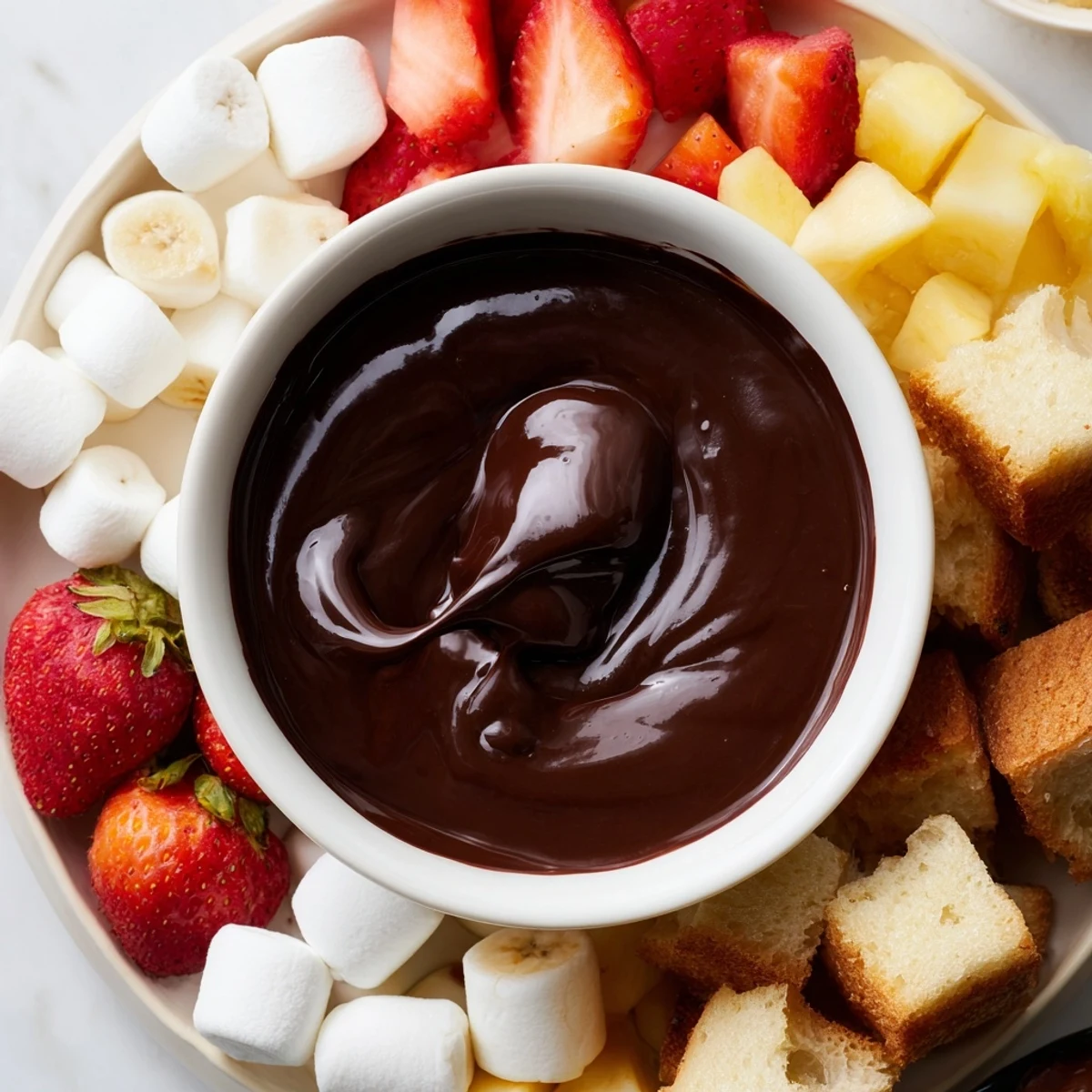 Steaming, glossy chocolate fondue fills a pot surrounded by fresh strawberries, banana slices, and fluffy marshmallows for dipping.