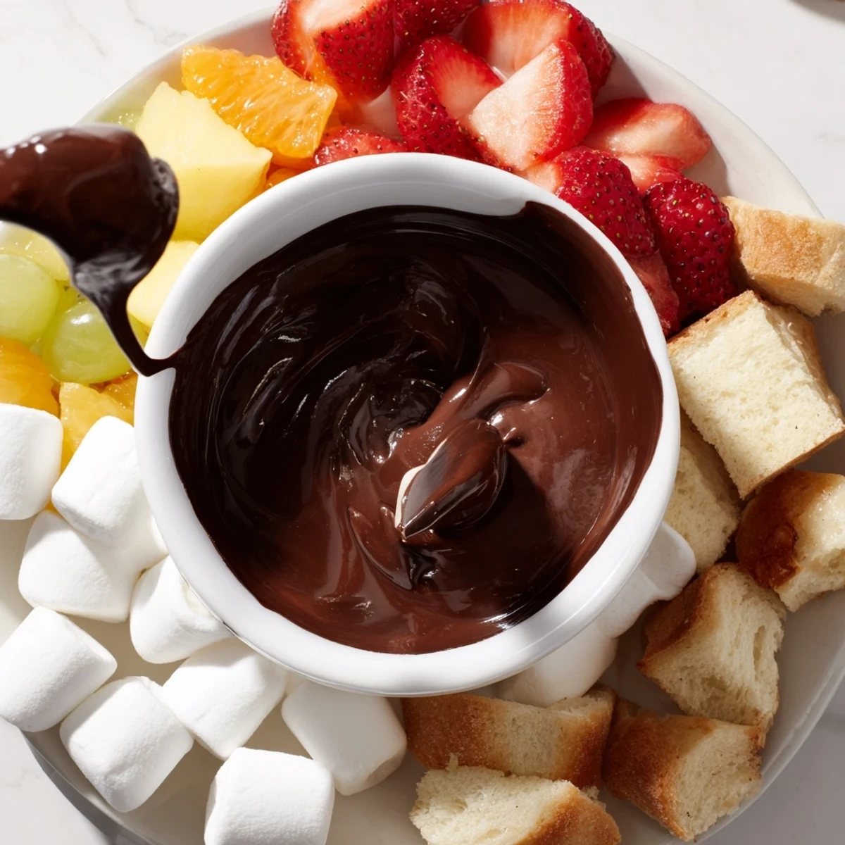 Creamy, warm chocolate fondue with strawberries, marshmallows, and pineapple chunks, ready for a romantic, interactive dessert experience.