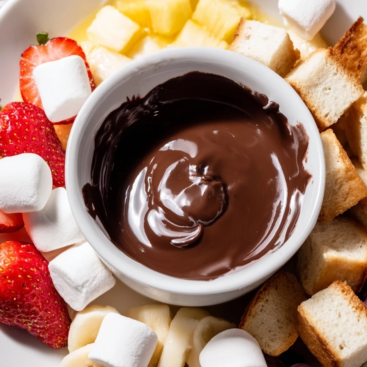 Velvety dark chocolate fondue bubbling in a fondue pot with strawberries, pound cake, and marshmallows for dipping.