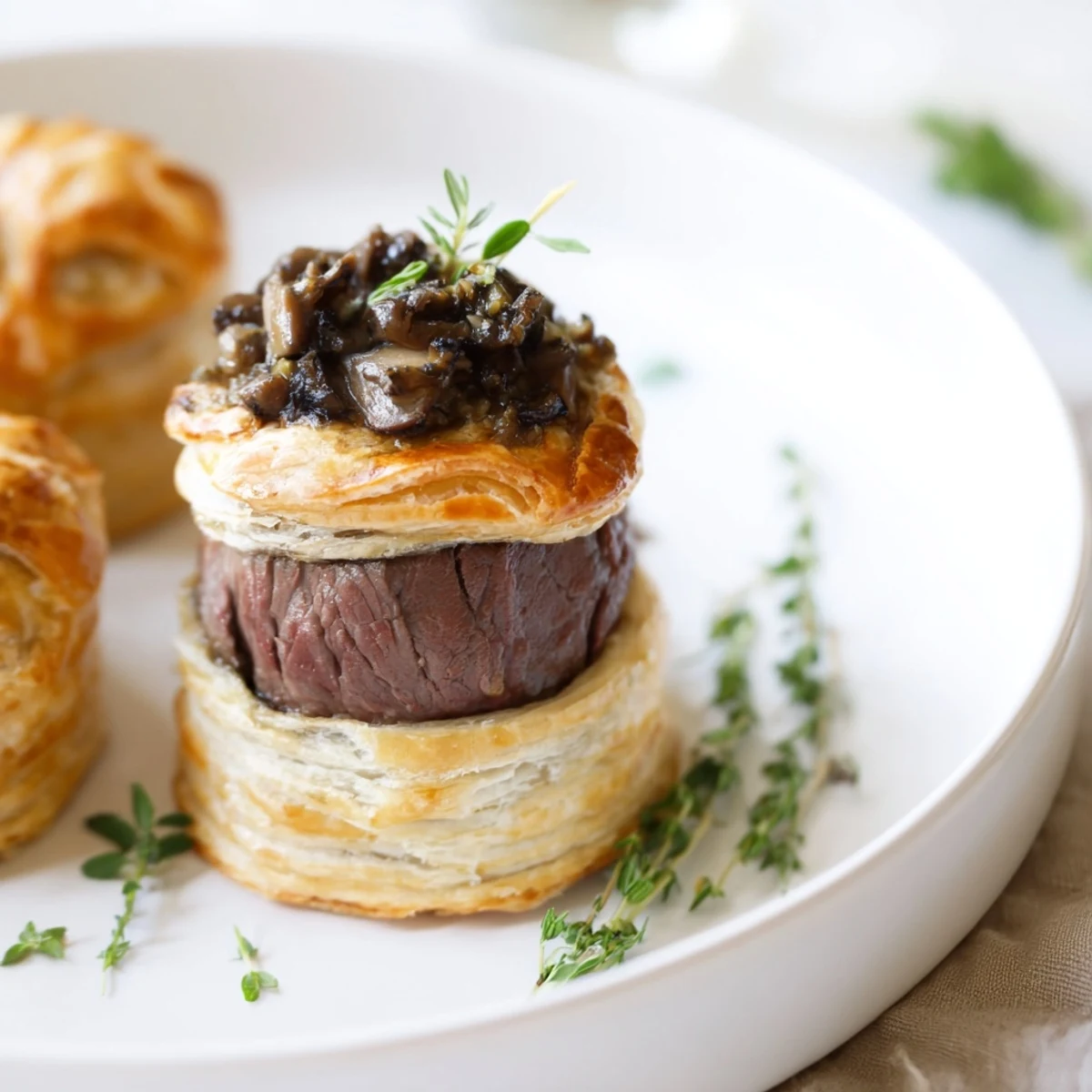 Close-up of Mini Beef Wellingtons featuring tender beef medallions wrapped in flaky pastry and savory mushroom duxelles on a slate board.