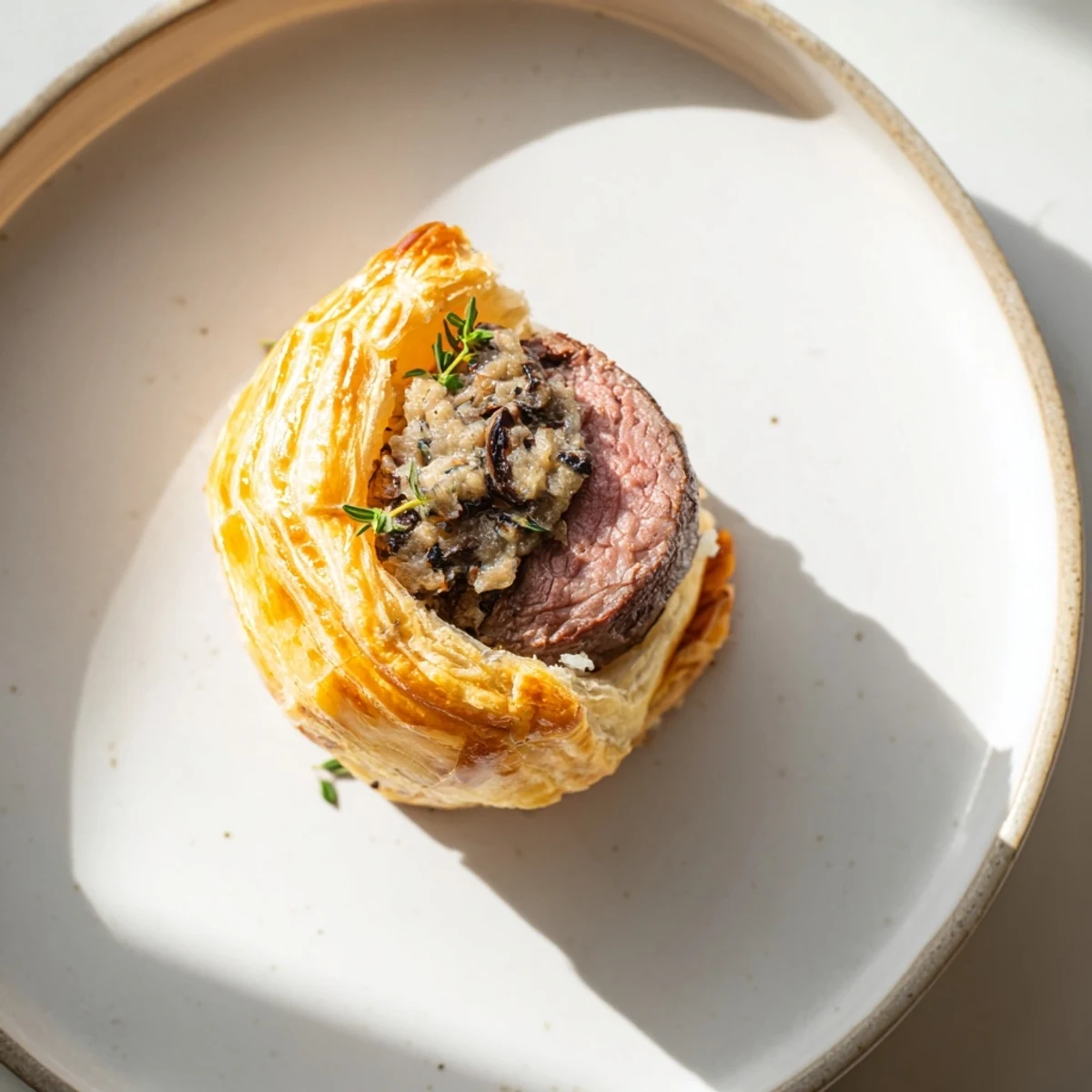 Plated Mini Beef Wellingtons with golden puff pastry, served with a drizzle of rich red wine demi-glace and fresh thyme.