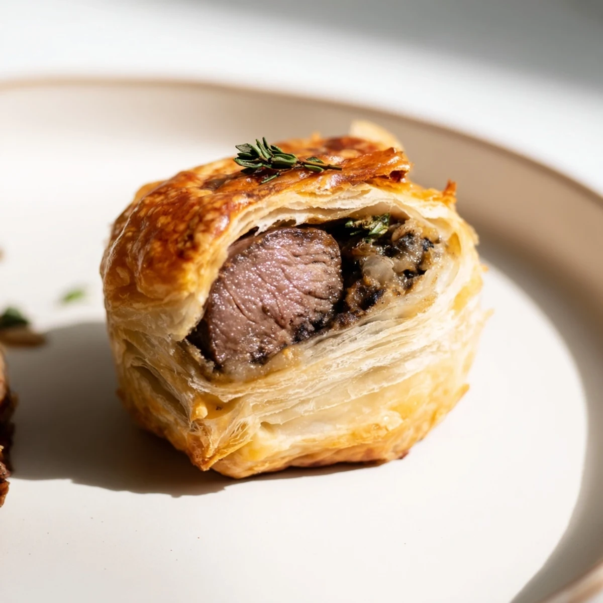 Homemade Mini Beef Wellingtons on a rustic plate, garnished with fresh parsley and a side of red wine reduction sauce.