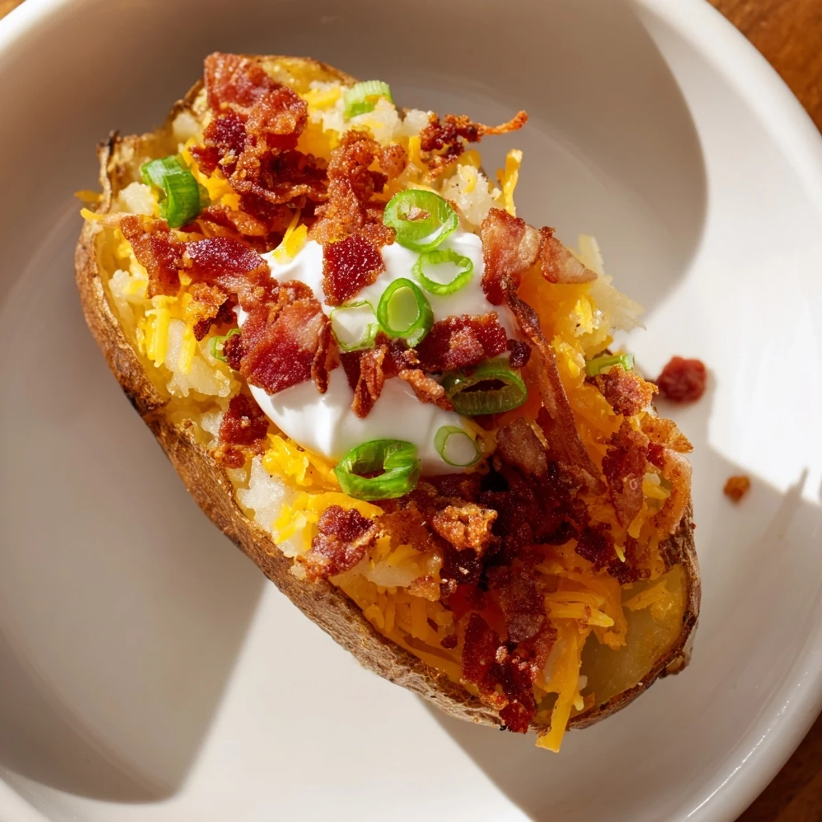 Golden brown Game Day Loaded Potato Skins topped with melted cheese, crumbled beef bacon, and a dollop of sour cream for serving.