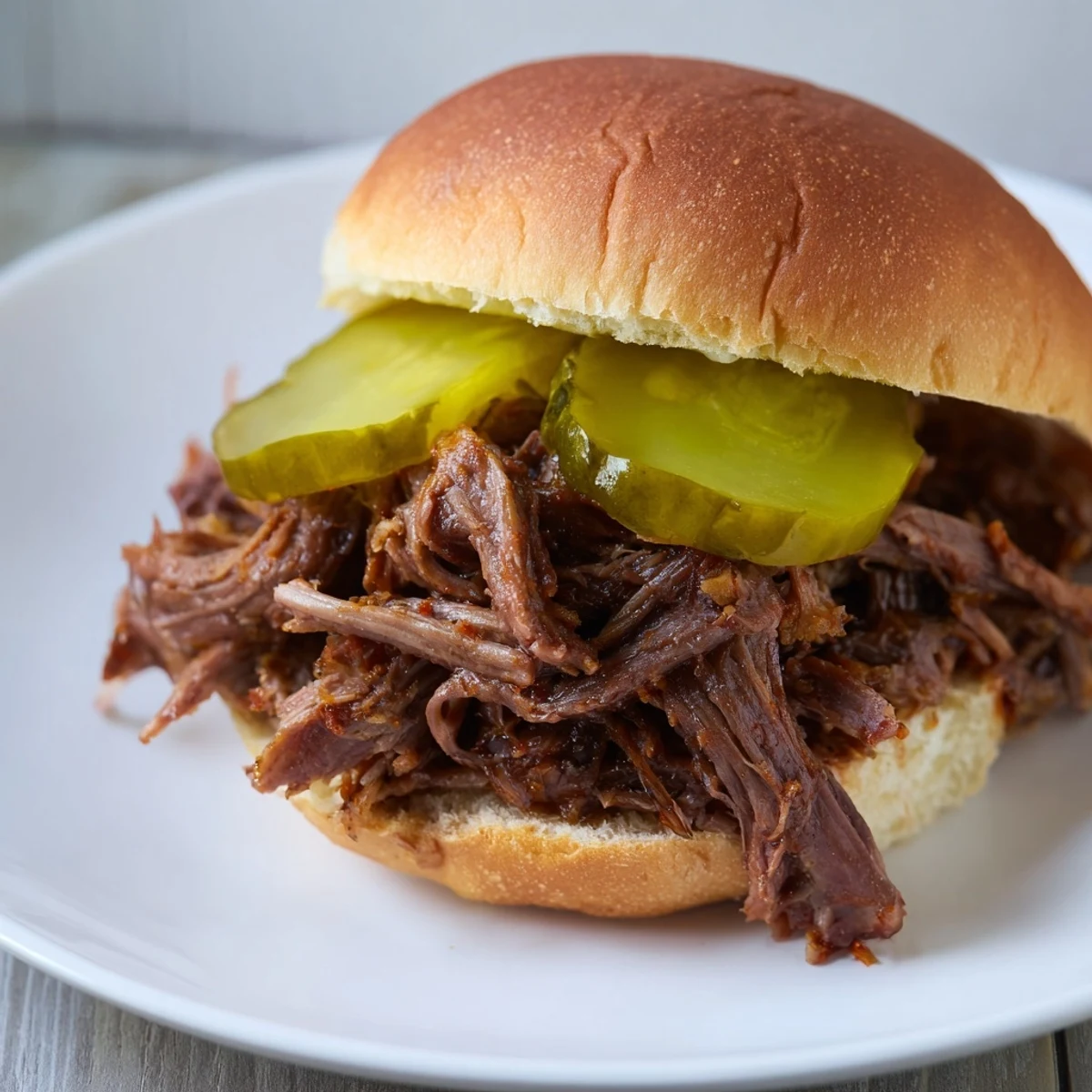 Warm Pulled Beef Sliders with Pickles arranged on a wooden board, perfect for family-style picnic sharing.