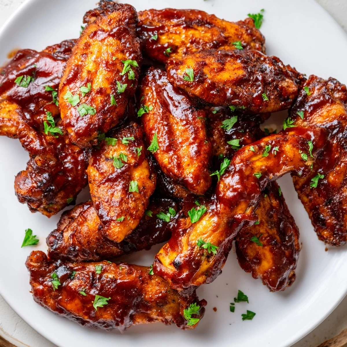 Sticky, smoky Chicken Wing Platter with BBQ sauce glistening on a platter, surrounded by crisp celery and carrot sticks.