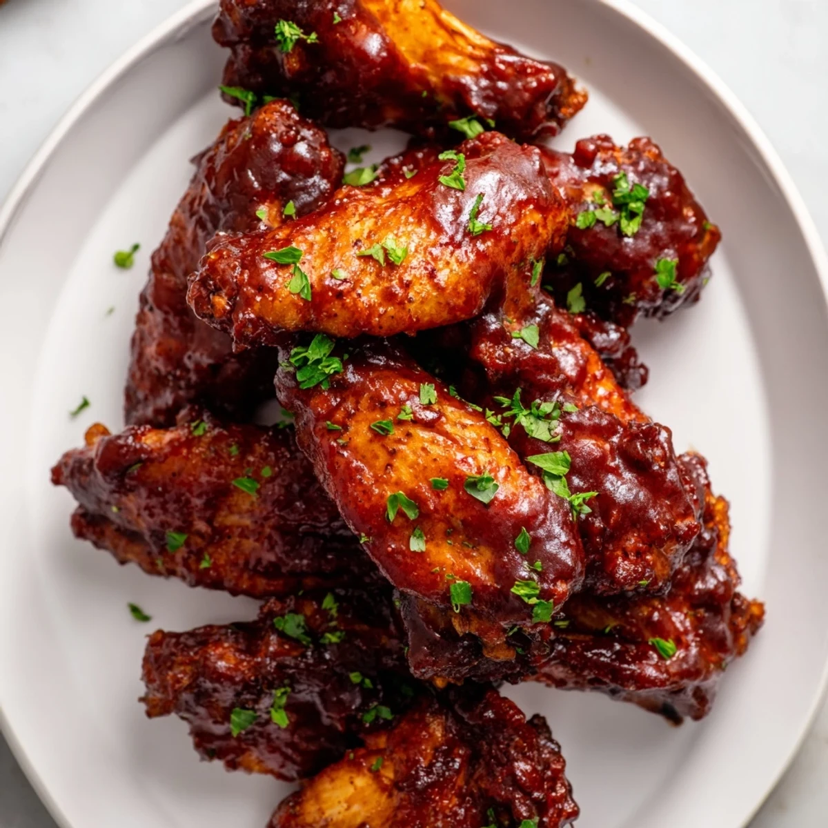 Savory Chicken Wing Platter with tender wings coated in tangy BBQ sauce, garnished with parsley for a party-ready dish.