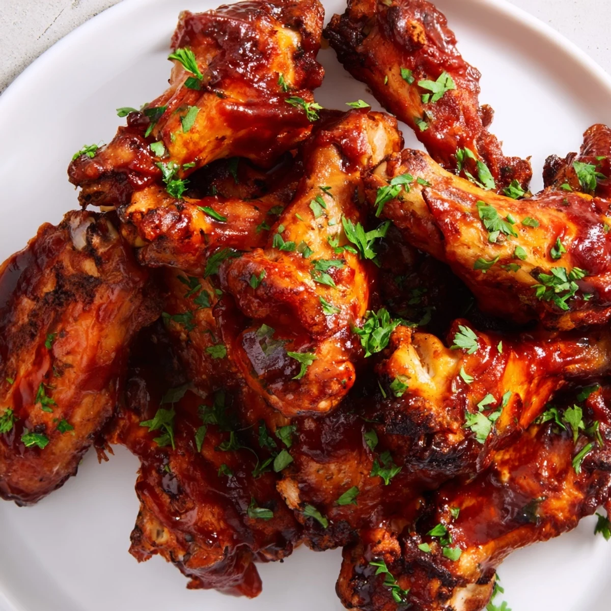 Freshly baked crispy wings tossed in glossy BBQ sauce, served warm on a white platter for game day.