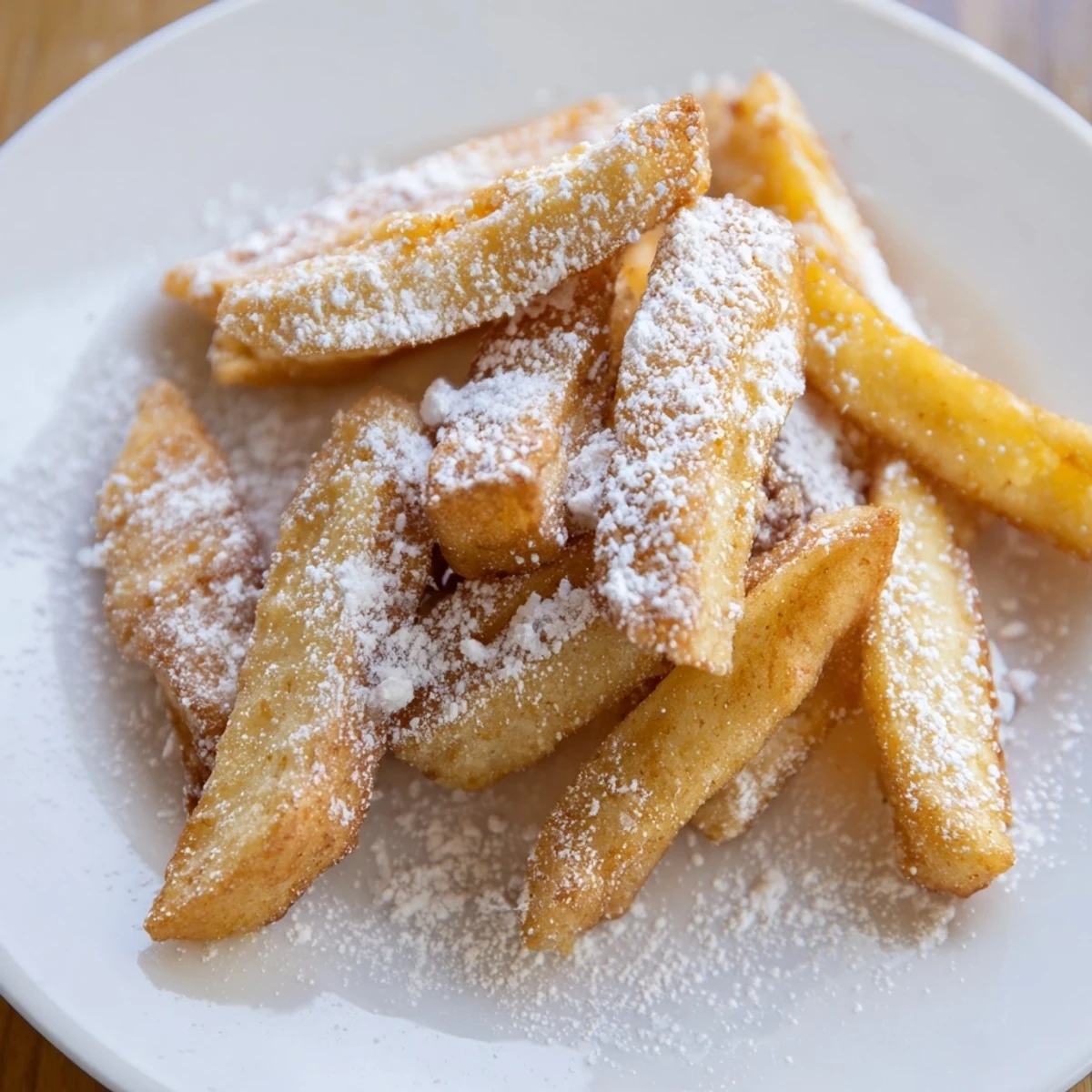 Warm, crispy Beignet Fries on a plate, ready for a sweet New Orleans treat.  