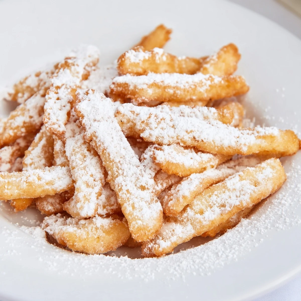 Freshly fried Beignet Fries with powdered sugar, served hot for dipping in chocolate sauce.