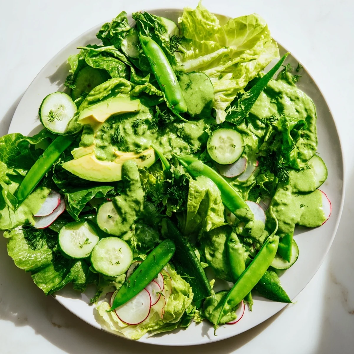 A vibrant green salad with mixed greens, cucumber, and avocado slices, tossed in creamy Green Goddess dressing.