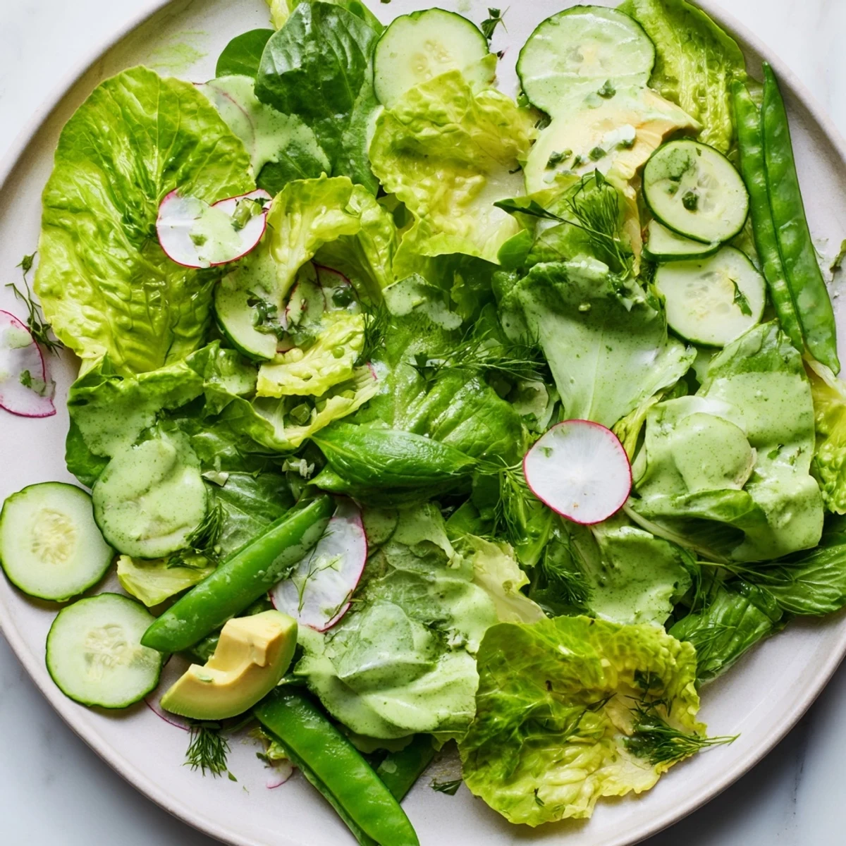 Freshly made Green Goddess dressing coats crisp romaine, snap peas, and radishes, garnished with chopped herbs.