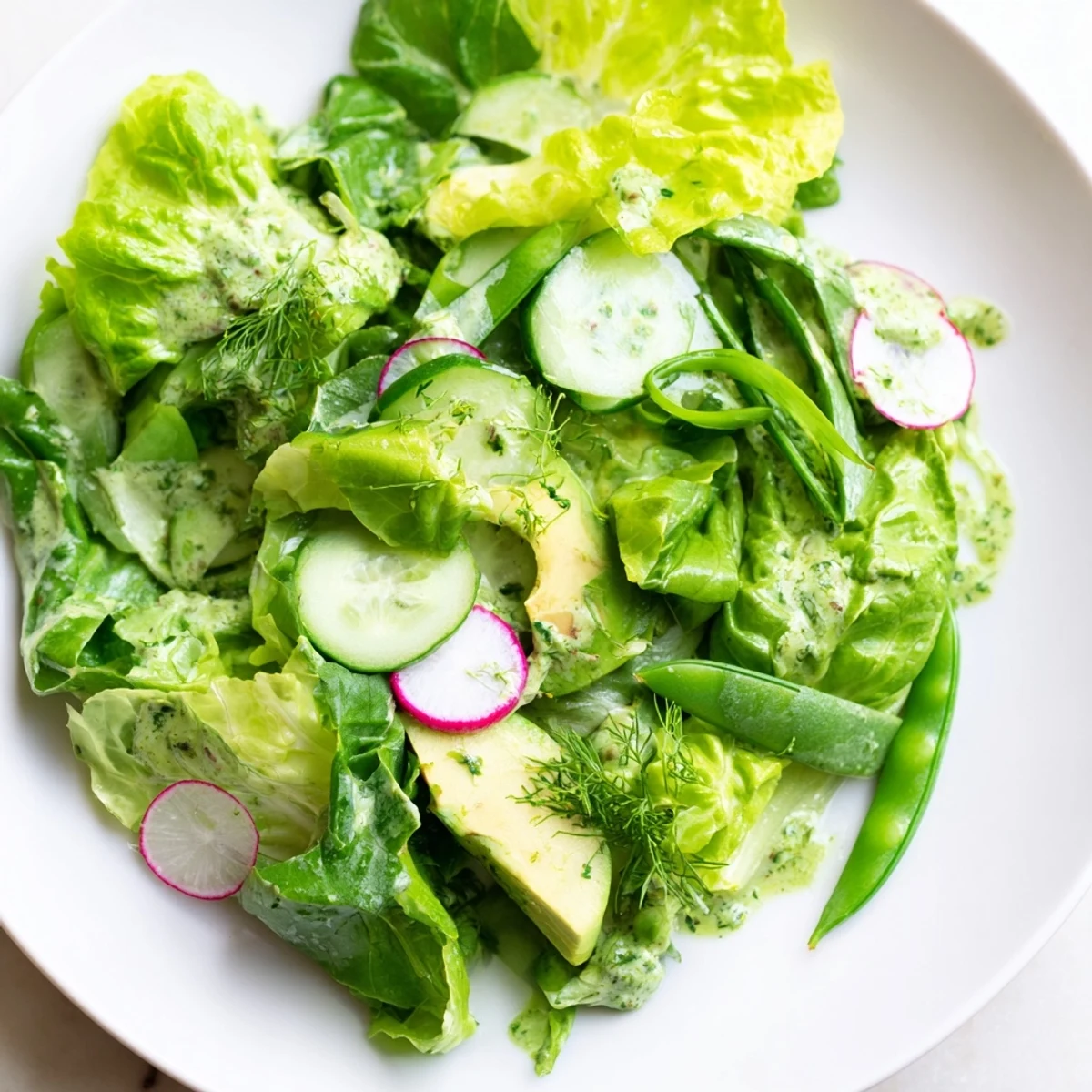Ready-to-serve Green Goddess salad with creamy dressing, bright herbs, and avocado for a light vegetarian meal.