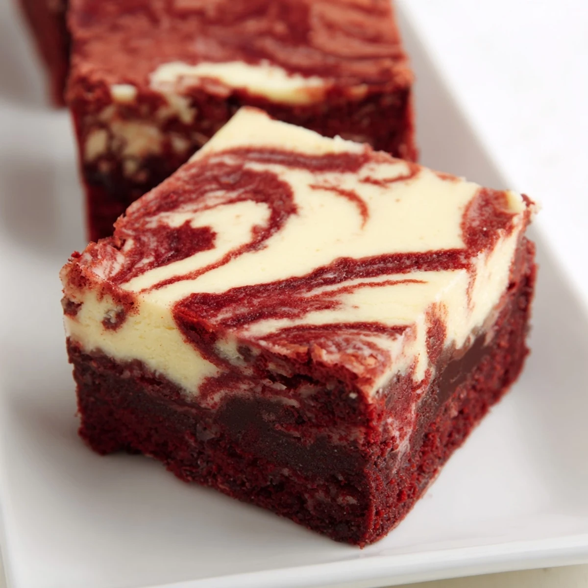 A close-up of red velvet brownies with cheesecake swirl, showing a vibrant marbled red and white pattern and fudgy, moist texture.