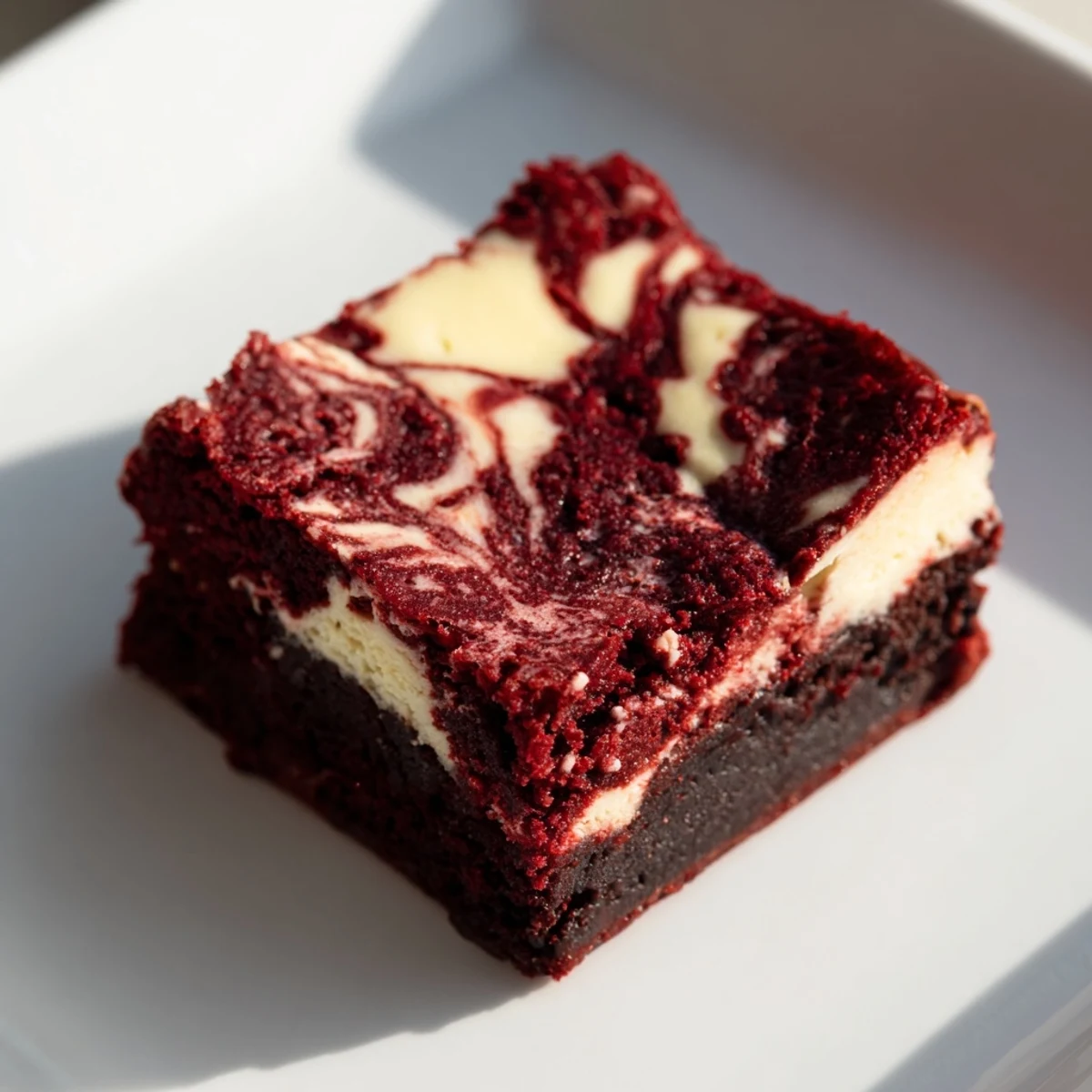 A square of red velvet brownies with cheesecake swirl on a plate, ready to serve with fresh berries or vanilla ice cream.