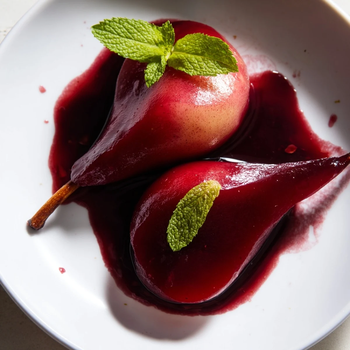 Poached pears in grape juice glistening with a warm, syrupy glaze on a dessert plate, garnished with fresh mint.  